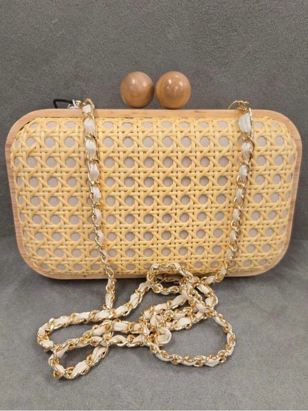 Woven Rattan Beige Crossbody Clutch with Chain Strap